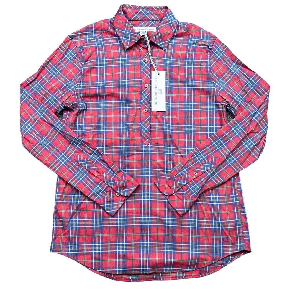 NWT Southern Tide Womens Red Plaid Long Sleeve Button Down Flannel Shirt Size XS